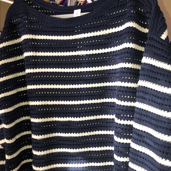 LULULEMON Cotton Crochet Mesh Pullover Sweater Navy Blue White Stripe XL NWT - Picture 12 of 14